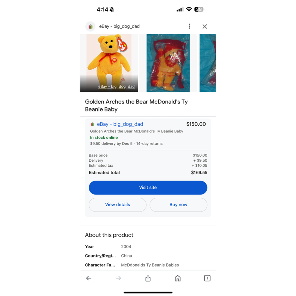 Golden Arches The Bear, 2004 McDonald’s Ty Beanie Baby, Selling For $150+